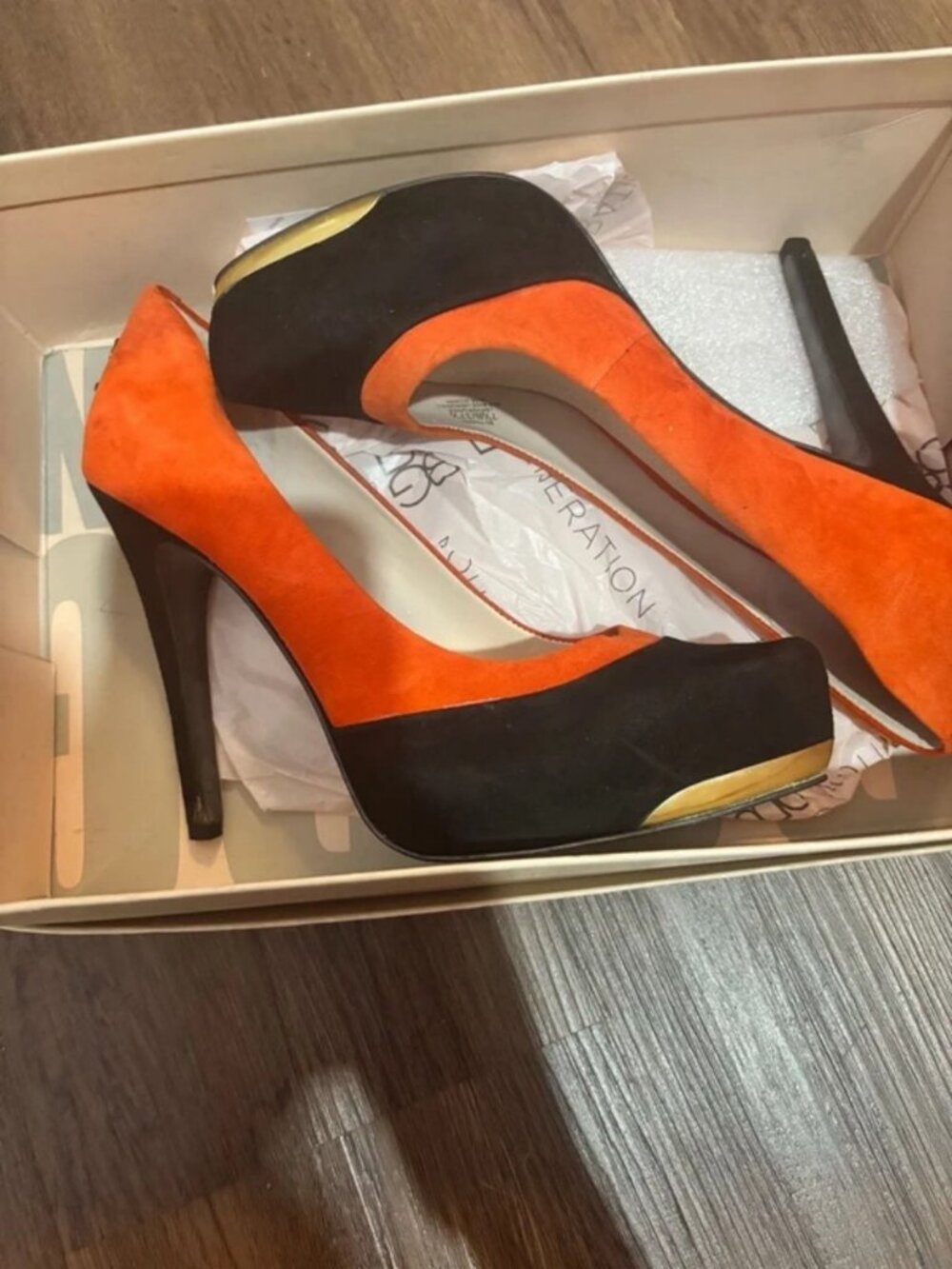 BCBGeneration Orange and Black Suede High Heel Pumps Size 7.5